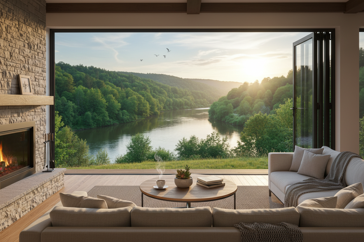 safe home, view from inside trough big doors, outside river, trees, beautiful relaxing nature